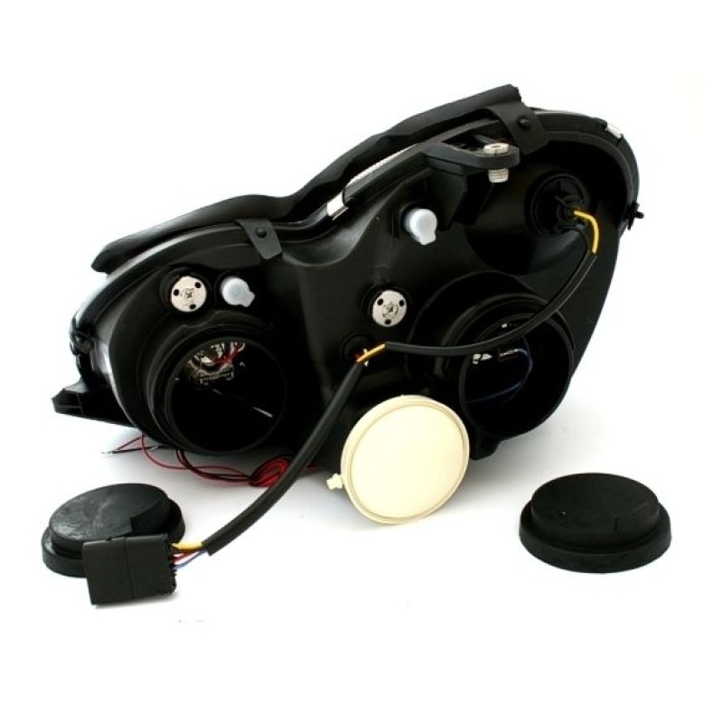 Φανάρια εμπρός Mercedes C-CLASS W203 sedan (2000-2004) - με angel eyes , μαύρα , με λάμπες (Η1) - σετ 2τμχ.