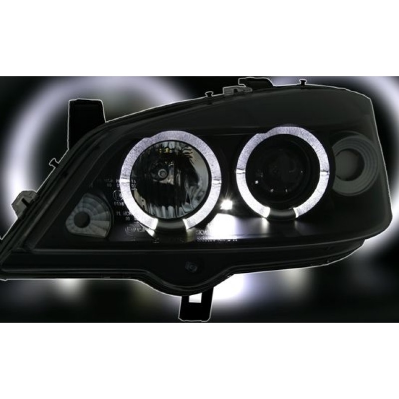 Φανάρια εμπρός Opel Astra G (1998-2004) angel eyes - μαύρα , με λάμπες (Η1) - σετ 2τμχ.