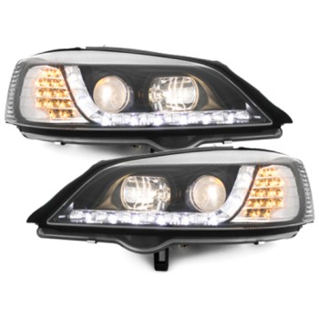 Φανάρια εμπρός Opel Astra G (1998-2004) led με DRL - μαύρα , με λάμπες (Η1) - σετ 2τμχ.