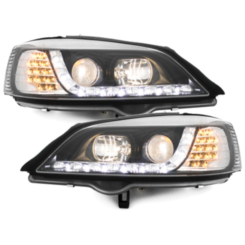 Φανάρια εμπρός Opel Astra G (1998-2004) led με DRL - μαύρα , με λάμπες (Η1) - σετ 2τμχ.