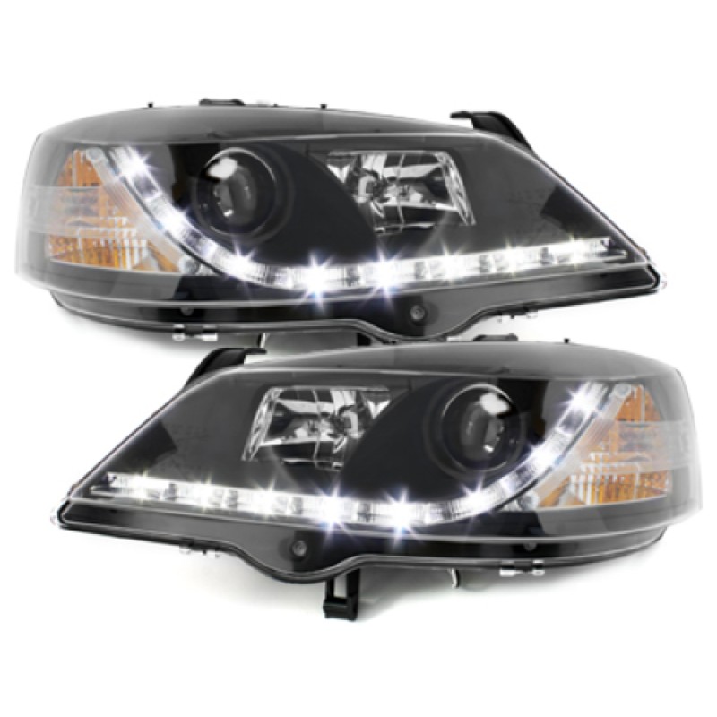 Φανάρια εμπρός Opel Astra G (1998-2004) led με φώτα ημέρας - μαύρα , με λάμπες (Η1) - σετ 2τμχ.