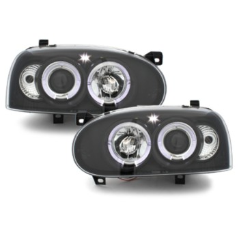 Φανάρια εμπρός Vw Golf ΙΙΙ angel eyes - μαύρα , με λάμπες (Η1) - σετ 2τμχ.