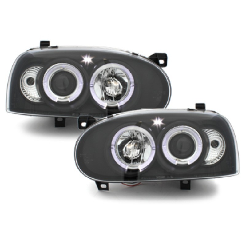 Φανάρια εμπρός Vw Golf ΙΙΙ angel eyes - μαύρα , με λάμπες (Η1) - σετ 2τμχ.