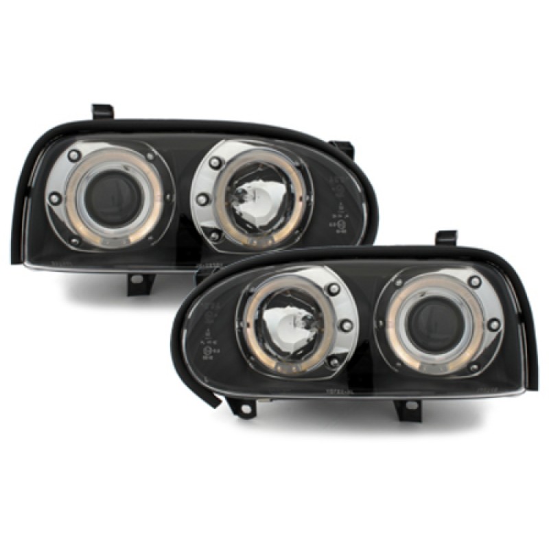 Φανάρια εμπρός Vw Golf ΙΙΙ angel eyes - black , με λάμπες (Η1) - σετ 2τμχ.