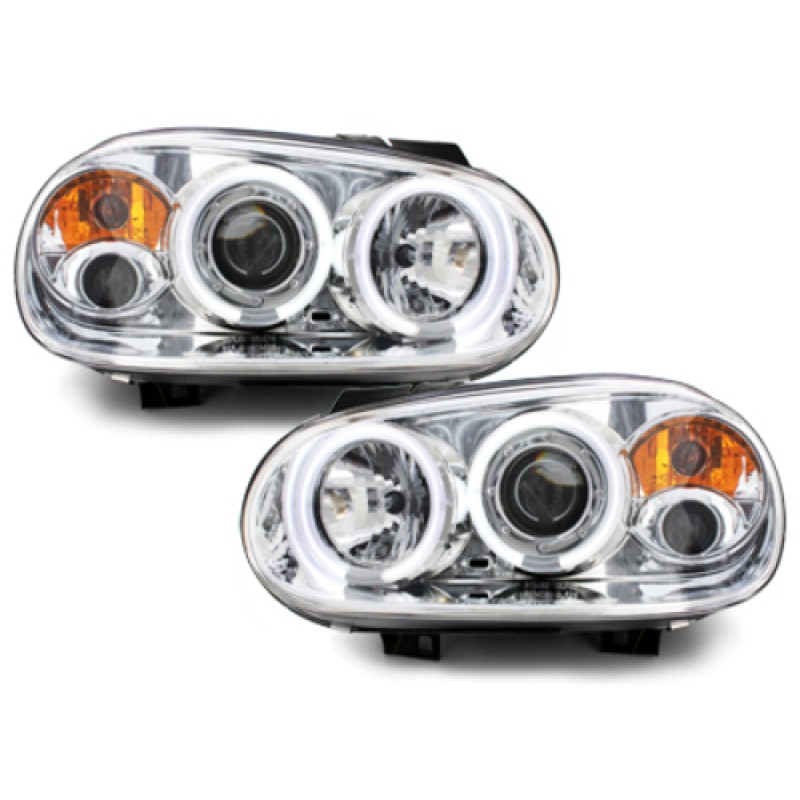 Φανάρια εμπρός Vw Golf IV angel eyes - chrome , με λάμπες (Η1) - σετ 2τμχ.