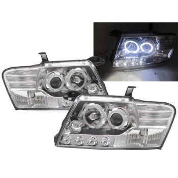 Φανάρια εμπρός Mitsubishi Pajero (2001-2006) angel eyes - chrome , με λάμπες (Η1) - σετ 2τμχ.