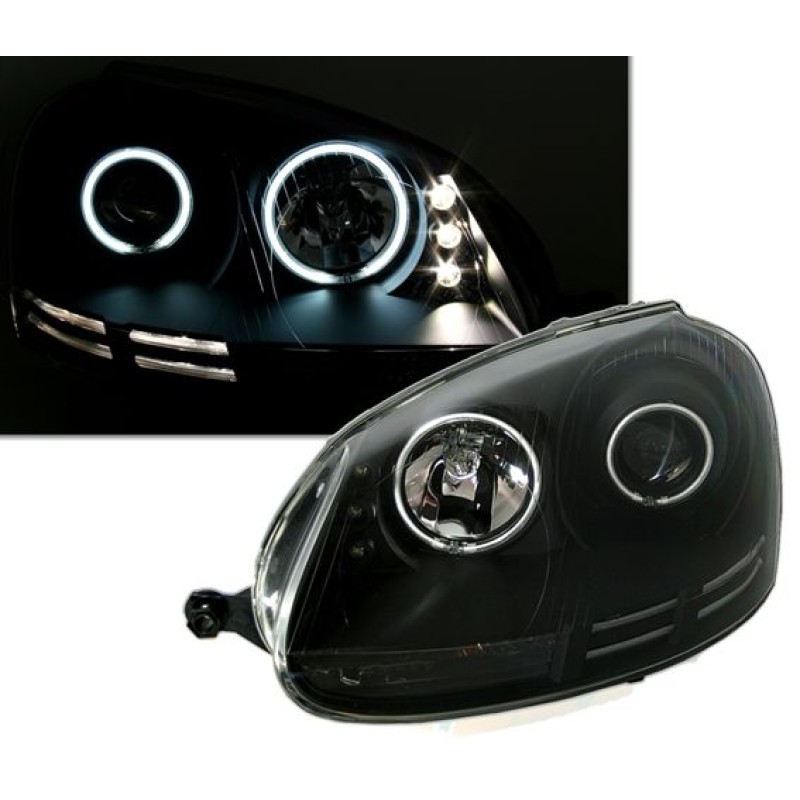 Φανάρια εμπρός VW Golf 5 angel eyes - μαύρα με λάμπες (Η1) - σετ 2τμχ.