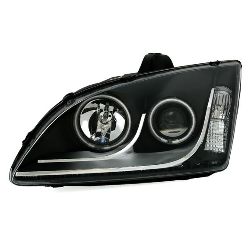 Φανάρια εμπρός led Ford Focus (2005-2008) angel eyes - μαύρα , με λάμπες (Η1) - σετ 2τμχ.
