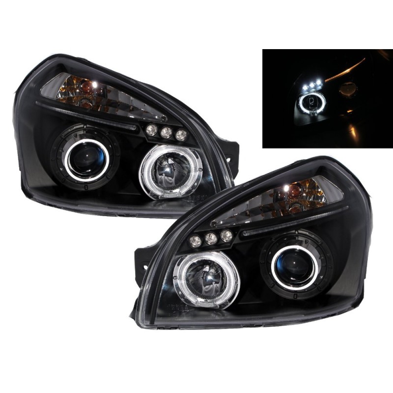 Φανάρια εμπρός Hyundai Tucson (2004-2010) angel eyes - μαύρα , με λάμπες (Η1) - σετ 2τμχ.