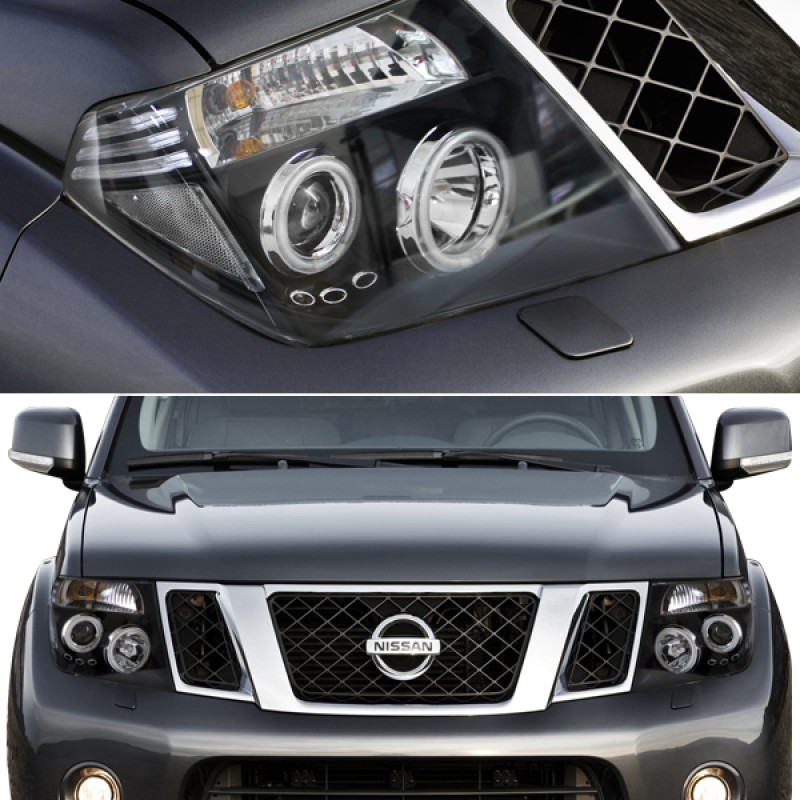 Φανάρια εμπρός Nissan Navara D40 / Pathfinder (2005-2009) led angel eyes - χρωμίου , με λάμπες (Η1) - σετ 2τμχ.