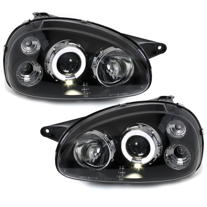 Φανάρια εμπρός Opel Corsa B (1993-2001) angel eyes - black , με λάμπες (Η1) - σετ 2τμχ.