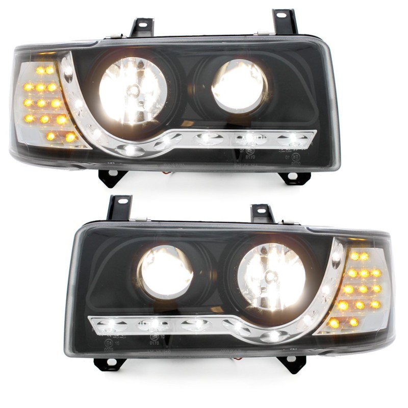 Φανάρια εμπρός Vw Transporter T4 (1990-2003) led , μαύρα , με λάμπες (Η1) - σετ 2τμχ.