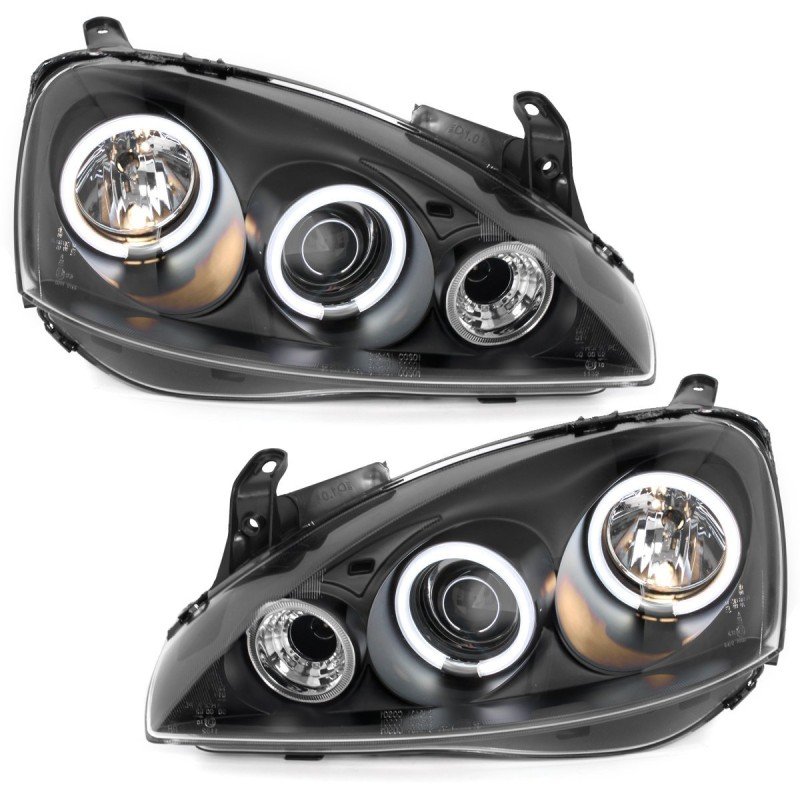Φανάρια εμπρός Opel Corsa C (2001-2006) angel eyes - μαύρα , χωρίς λάμπες (Η1) - σετ 2τμχ.