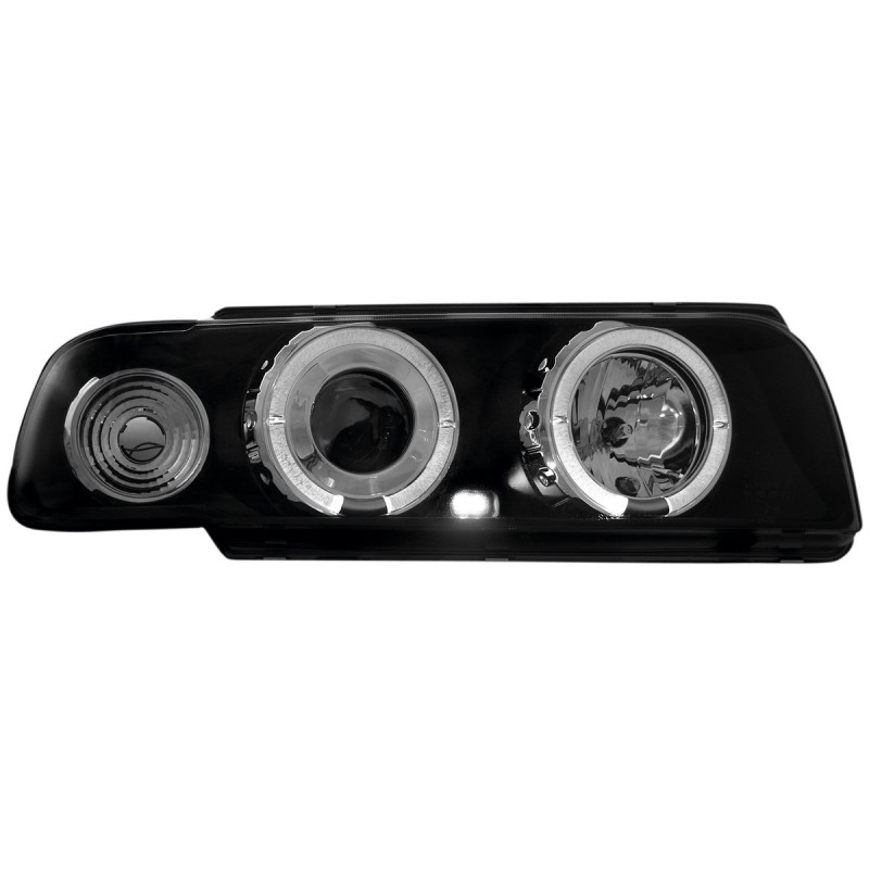 Φανάρια εμπρός BMW E38 (1994-1998) angel eyes - μαύρα , με λάμπες (Η1) - σετ 2τμχ.