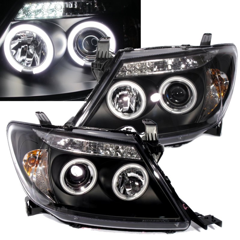 Φανάρια εμπρός Toyota Hilux (2005-2011) angel eyes - μαύρα , με λάμπες (Η1) - σετ 2τμχ.