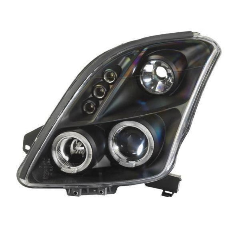 Φανάρια εμπρός Suzuki Swift (2005-2010) angel eyes - black , με λάμπες (Η1) - σετ 2τμχ.