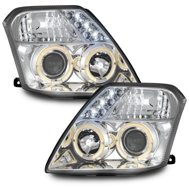 Φανάρια εμπρός Citroen C2 (2003-2008) angel eyes με led - chrome , με λάμπες (Η1) - σετ 2τμχ.