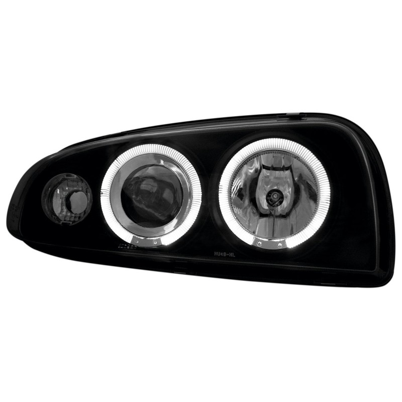 Φανάρια εμπρός Ford Fiesta MK4 (1996-1998) angel eyes - μαύρα , με λάμπες (Η1) - σετ 2τμχ.