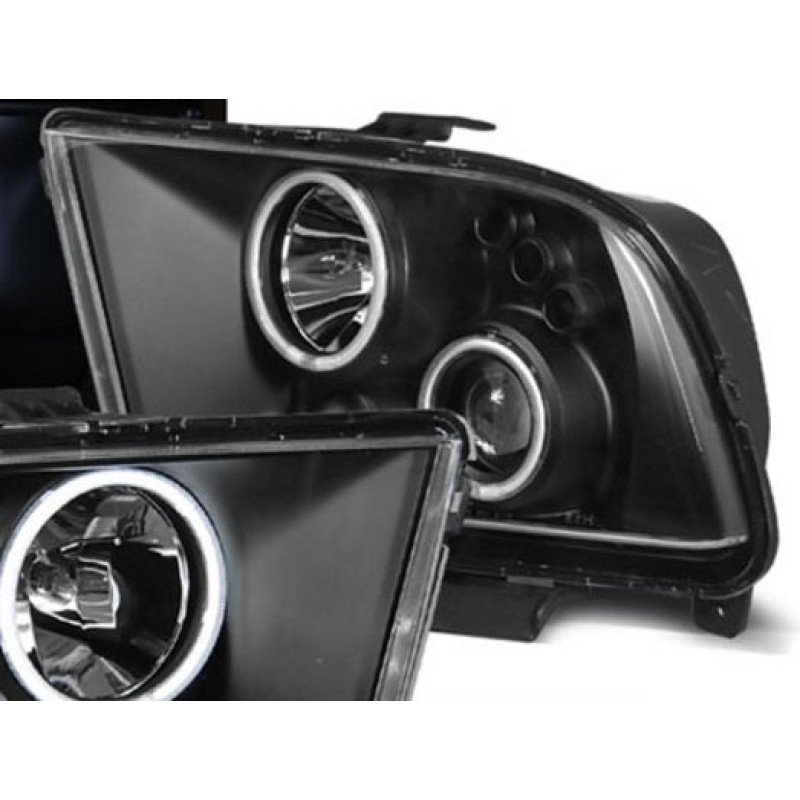 Φανάρια εμπρός Ford Mustang (2004-2009) led angel eyes - μαύρα , με λάμπες (Η1) - σετ 2τμχ.