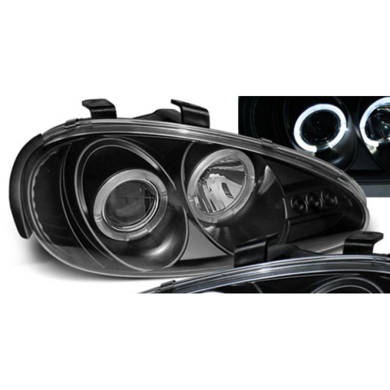 Φανάρια εμπρός Mazda MX 3 (1991-1998) angel eyes, μαύρα , με λάμπες (Η1) - σετ 2τμχ.