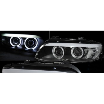 Φανάρια εμπρός BMW X5 (2003-2007) angel eyes - μαύρα , με λάμπες (Η1) - σετ 2τμχ.