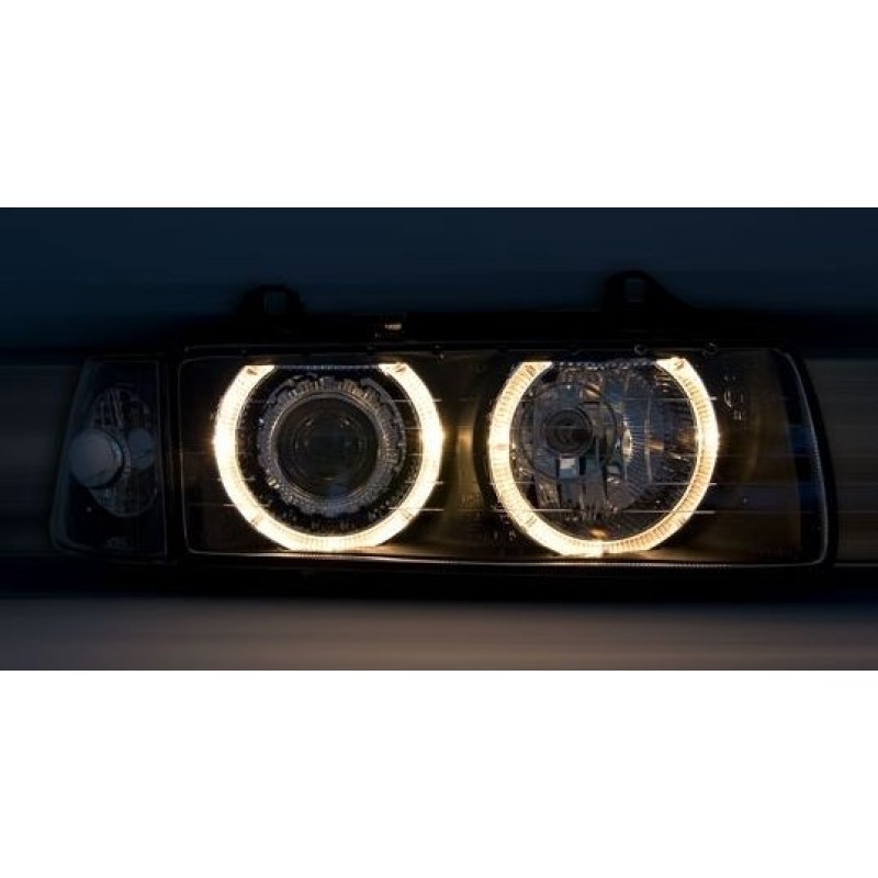 Φανάρια εμπρός Bmw E36 (1991-2000) 2d coupe angel eyes - μαύρα , με λάμπες (Η7) - σετ 2τμχ.