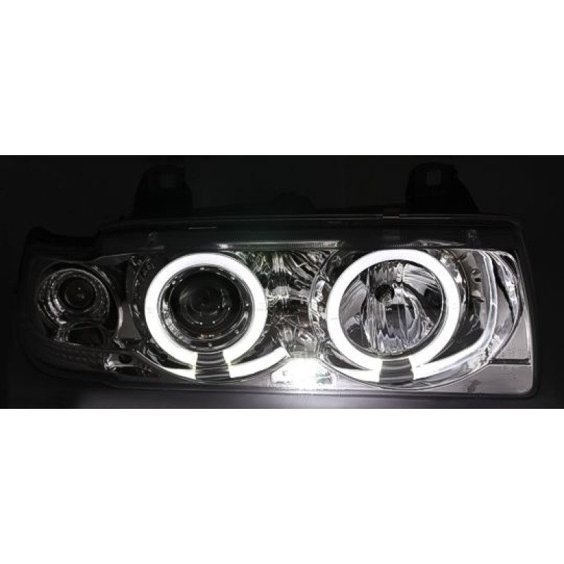Φανάρια εμπρός BMW E36 (1991-1999) 2d coupe angel eyes - chrome , με λάμπες (Η1) - σετ 2τμχ.