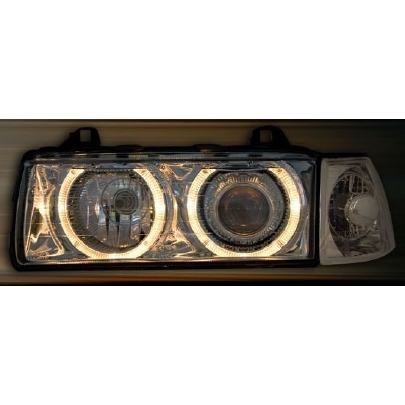 Φανάρια εμπρός BMW E36 (1991-2000) 2d coupe angel eyes - chrome , χωρίς λάμπες (Η7) - σετ 2τμχ.