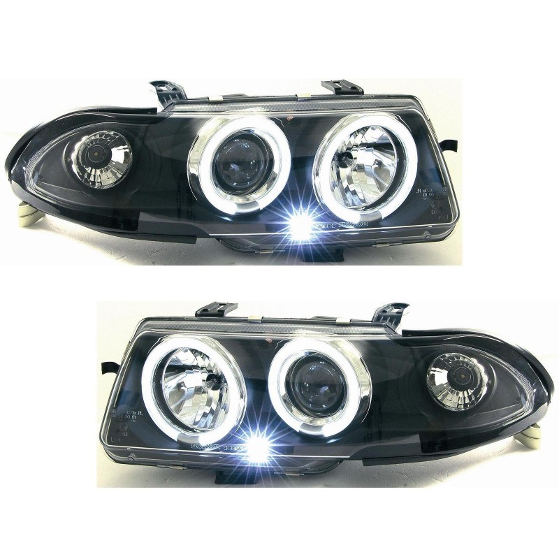 Φανάρια εμπρός Opel Astra F (1994-1999) angel eyes - μαύρα , με λάμπες (Η1) - σετ 2τμχ.