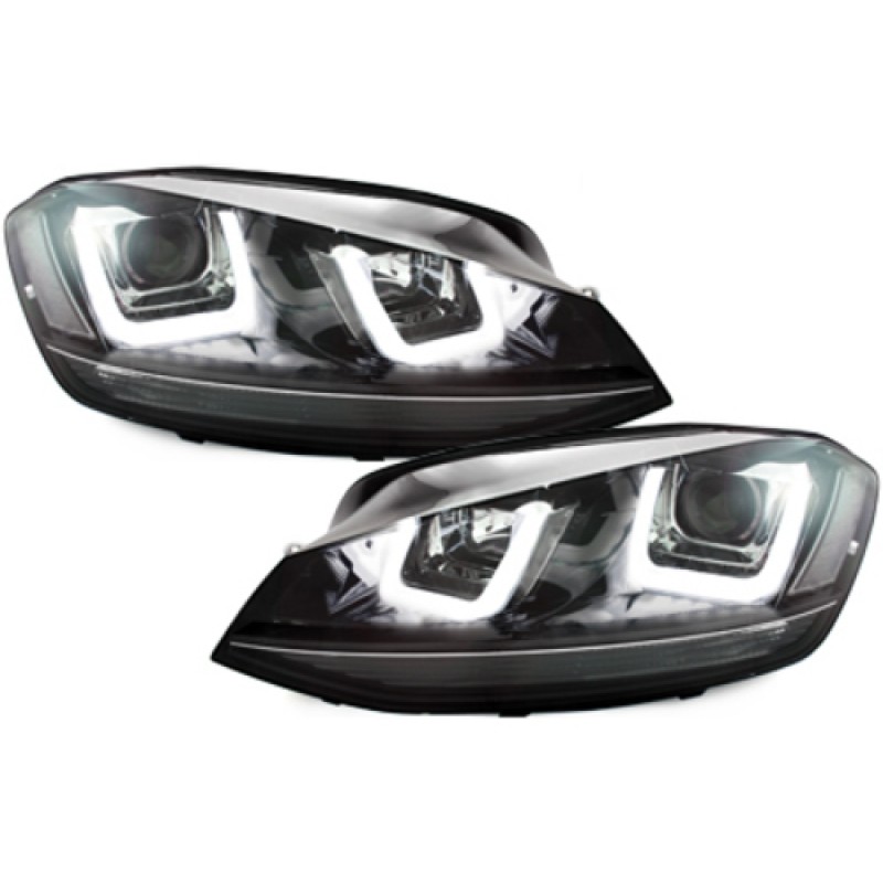 Φανάρια εμπρός Vw Golf 6 angel eyes - με design Vw Golf 7 με μαύρη επιμηκής γραμμή , με λάμπες (Η1) - σετ 2τμχ.