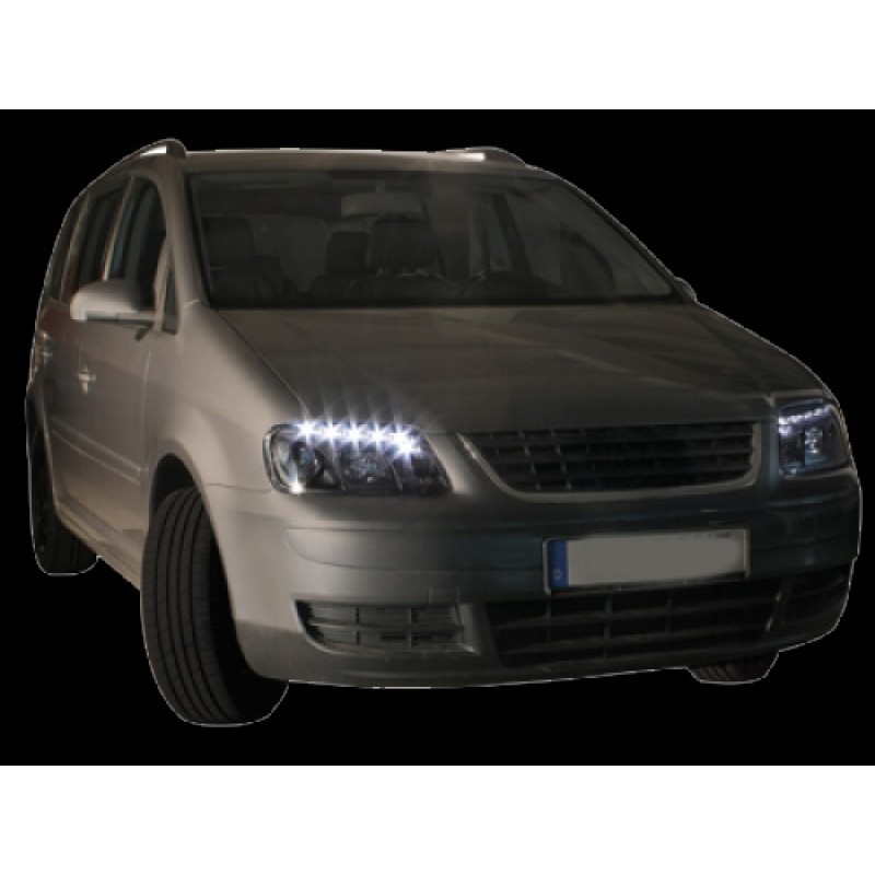 Φανάρια εμπρός Vw Touran / Caddy (2003-2006) led , μαύρα , με λάμπες (Η1) - σετ 2τμχ.