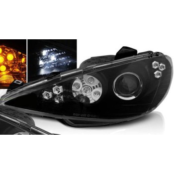 Φανάρια εμπρός Peugeot 206 angel eyes - μαύρα με led , με λάμπες (Η1) - σετ 2τμχ.