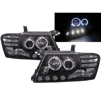 Φανάρια εμπρός Mitsubishi Pajero (2001-2006) angel eyes - μαύρα , με λάμπες (Η1) - σετ 2τμχ.