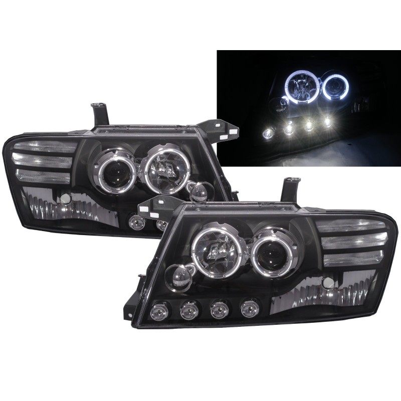 Φανάρια εμπρός Mitsubishi Pajero (2001-2006) angel eyes - μαύρα , με λάμπες (Η1) - σετ 2τμχ.