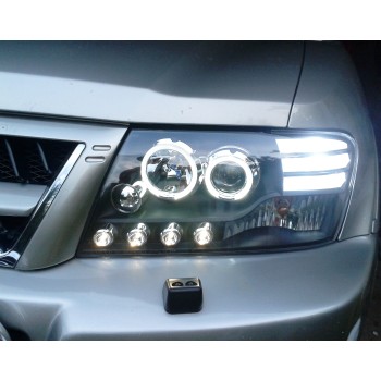 Φανάρια εμπρός Mitsubishi Pajero (2001-2006) angel eyes - μαύρα , με λάμπες (Η1) - σετ 2τμχ.