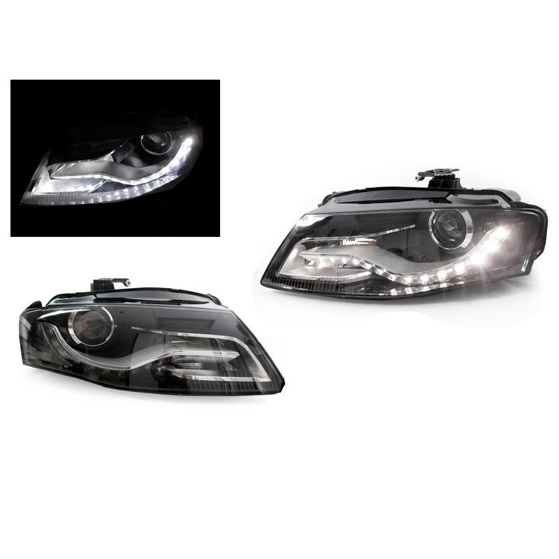 Φανάρια εμπρός Audi A4 B8 (2007-2011) με DRL led -μαύρα , χωρίς λάμπες (Η7) - σετ 2τμχ.