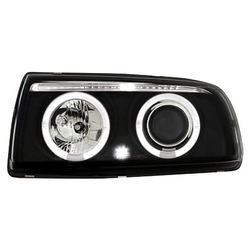 Φανάρια εμπρός Vw Vento (1991-1998) angel eyes - μαύρα , με λάμπες (Η1) - σετ 2τμχ.