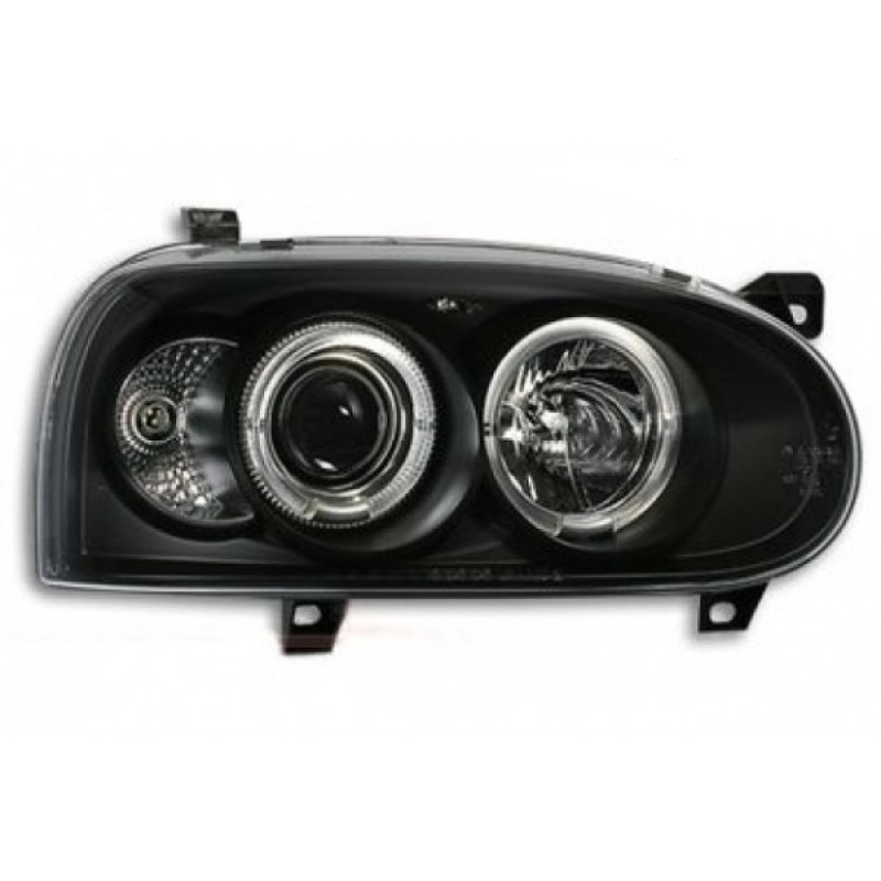 Φανάρια εμπρός Vw Golf ΙΙΙ angel eyes - μαύρα , με λάμπες (Η1) - σετ 2τμχ.