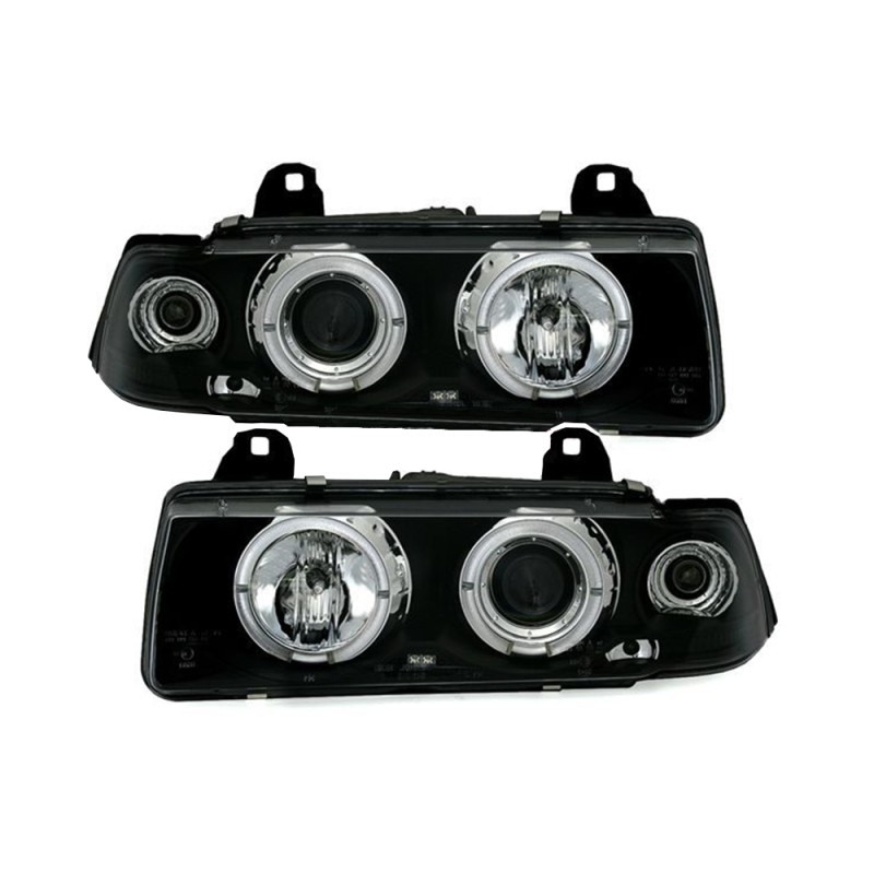 Φανάρια εμπρός Bmw E36 (1991-1999) angel eyes - 2D coupe - μαύρα , με λάμπες (Η1) - σετ 2τμχ.