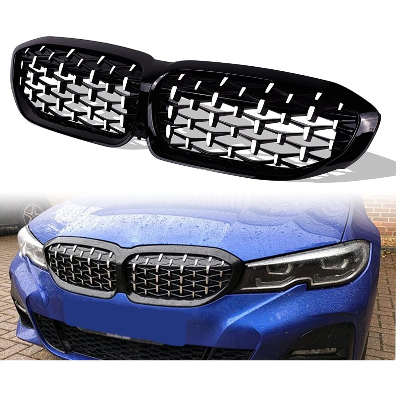 Μάσκα BMW G20 (2018+) - γυαλιστερή Diamond Design - χρωμίου/μαύρη - 2τμχ.