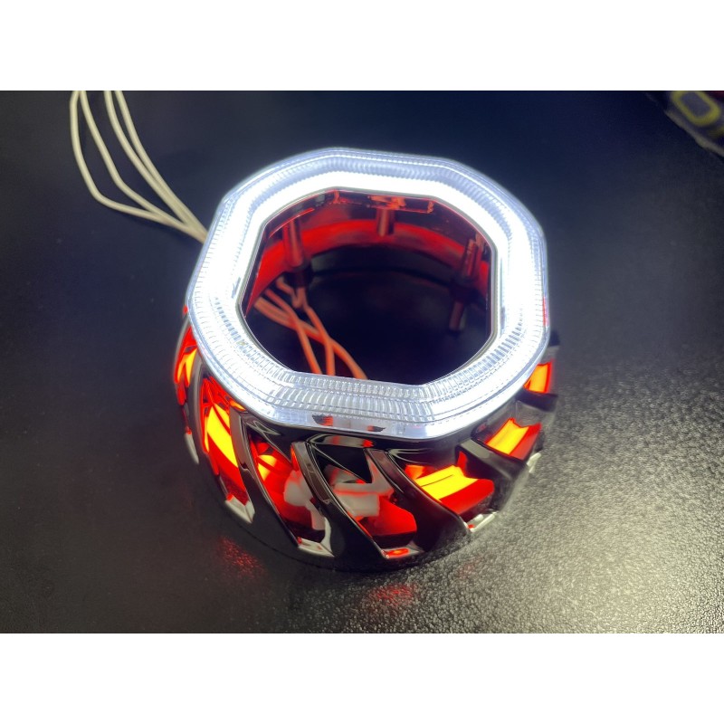 Bi xenon προτζέκτορες 2.5'' Morimoto Mini Spiral - με τετράγωνα δαχτυλίδια για angel eyes - μπλε μικρό και κόκκινο μεγάλο δαχτυλίδι -2 τμχ.