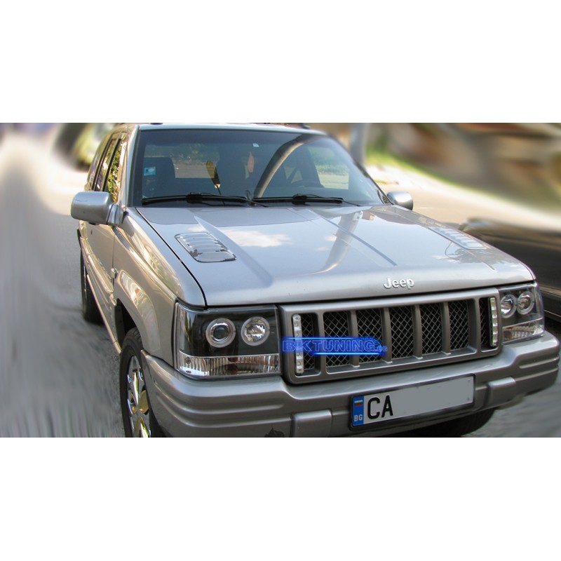 Φανάρια εμπρός Jeep Grand Cherokee (1993-1998) angel eyes - μαύρα , με λάμπες (Η1) - σετ 2τμχ.