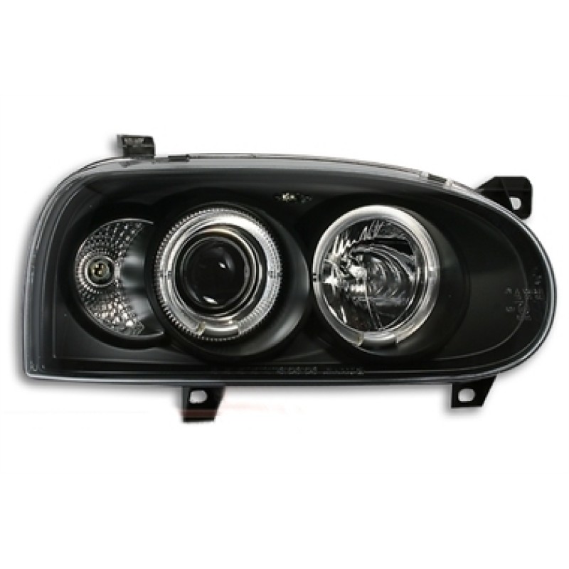 Φανάρια εμπρός Vw Golf ΙΙΙ angel eyes - μαύρα , με λάμπες (Η1) - σετ 2τμχ.