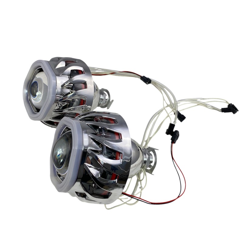Bi xenon προτζέκτορες 2.5'' Morimoto Mini Spiral - με τετράγωνα δαχτυλίδια για angel eyes - μπλε μικρό και κόκκινο μεγάλο δαχτυλίδι -2 τμχ.