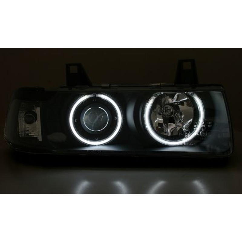Φανάρια εμπρός Bmw E36 (1991-1999) 4d sedan angel eyes - μαύρα , με λάμπες (Η1) - σετ 2τμχ.