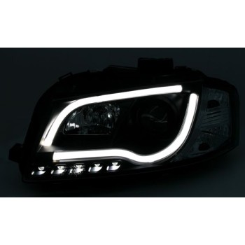 Φανάρια εμπρός Audi A3 (2003-2008) led Lightbar Design -μαύρα , με λάμπες (H7/Η1) - σετ 2τμχ. Φανάρια εμπρός Audi A3 (2003-2008) led Lightbar Design -μαύρα , με λάμπες (H7/Η1) - σετ 2τμχ.