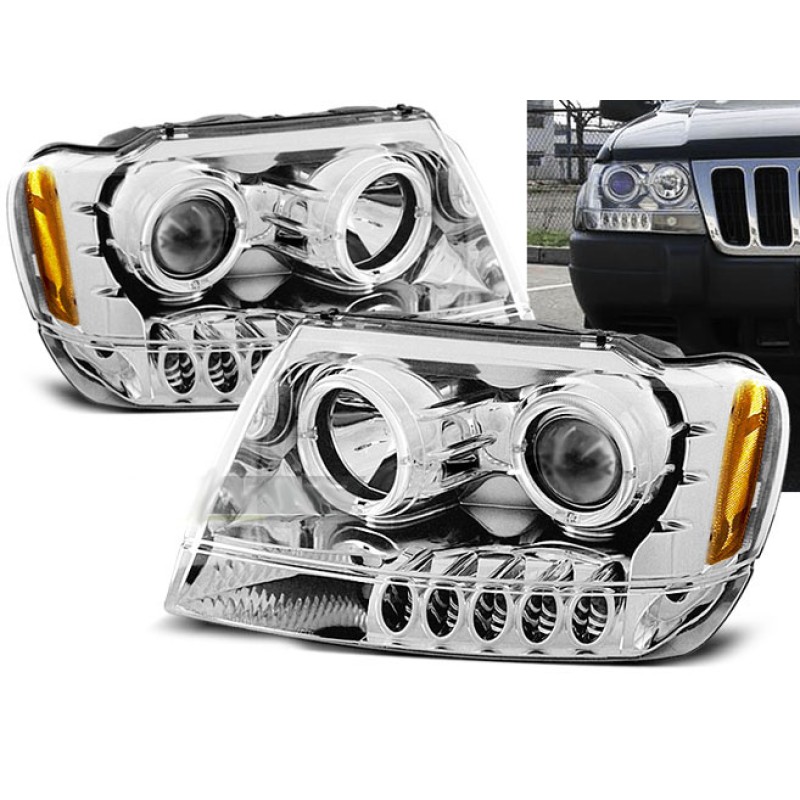 Φανάρια εμπρός Jeep Grand Cherokee (1999-2005) angel eyes - chrome , χωρίς λάμπες (Η7) - σετ 2τμχ.