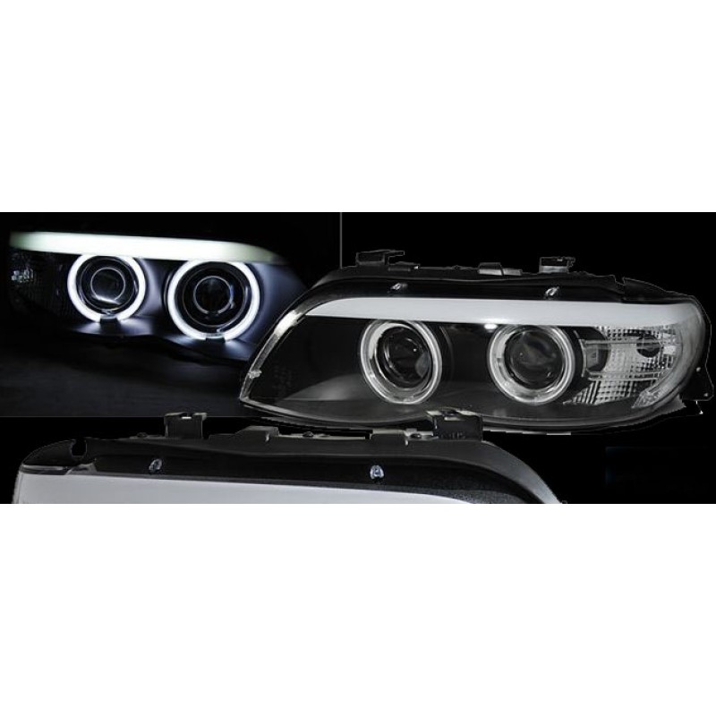 Φανάρια εμπρός BMW X5 (2003-2007) angel eyes - black , με λάμπες (Η1) - σετ 2τμχ.