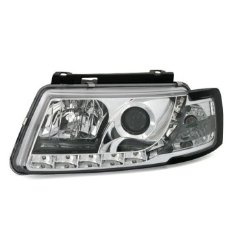 Φανάρια εμπρός Vw Passat 3Β/B5 (1997-2000) με αληθινά φώτα ημέρας - chrome , με λάμπες (Η1) - σετ 2τμχ.