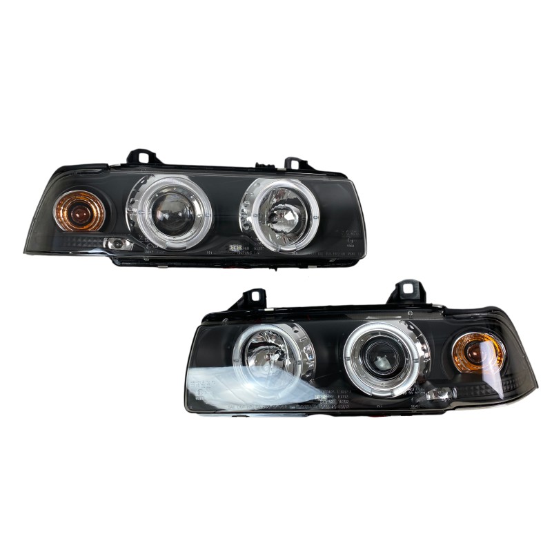 Φανάρια εμπρός BMW E36 (1991-1999) 4d sedan angel eyes - black , με λάμπες (Η1) - σετ 2τμχ.